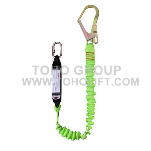 Single leg elastic energy absorbing polyester webbing lanyard with energy absorber